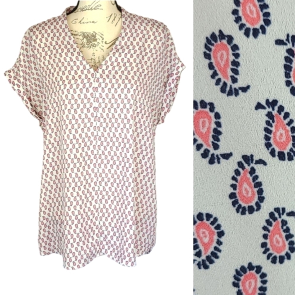 Paisley Print Pink & White Sleek Cuffed Short Sleeve Blouse Top, S